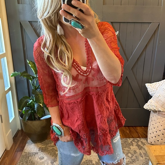 New Red Lace Crochet Boho Folk Tunic Blouse Top Cover-Up Womens - Picture 4 of 9